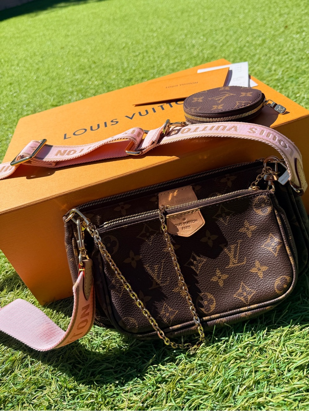 Louis Vuitton Monogram Multi-Pochette with Pink Strap and Gold Hardware